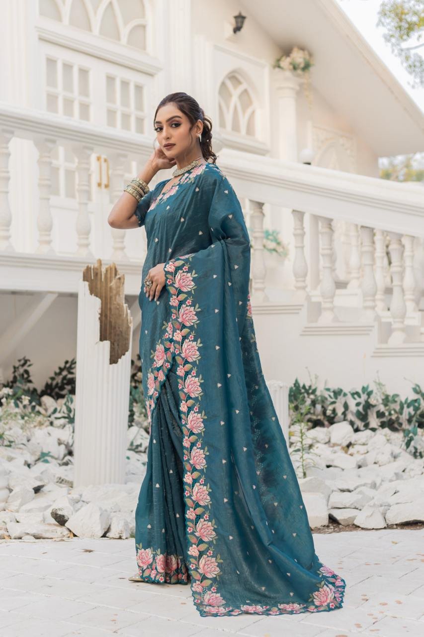 Women's Pristine White Organza Saree with Exquisite Pink & Green Floral Thread Embroidery – Complete with Matching Embroidered Blouse for Festive & Summer Wear - Image 20